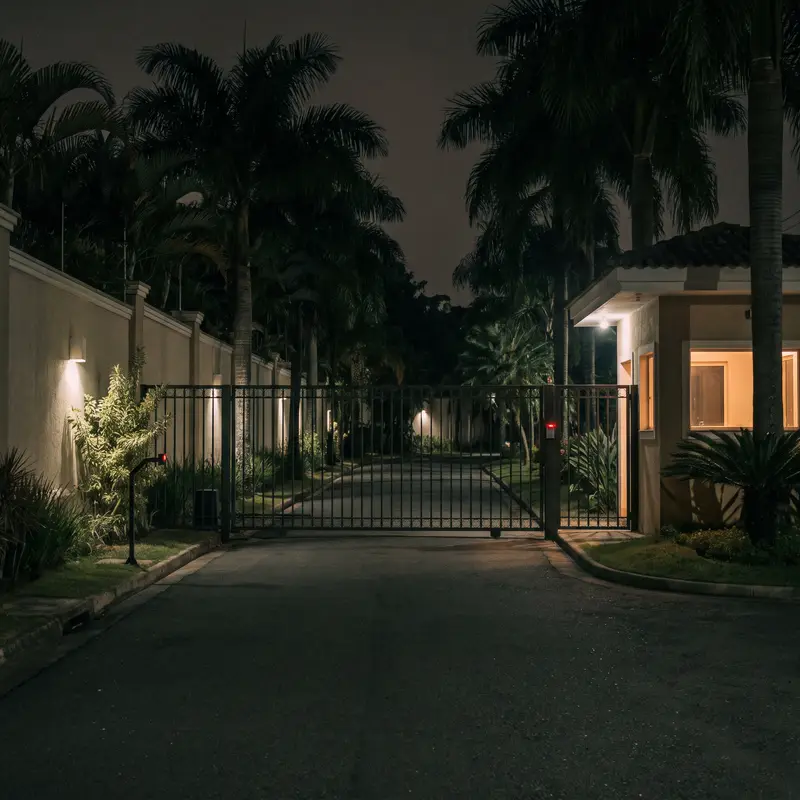 Portaria e portão de condomínio à noite
