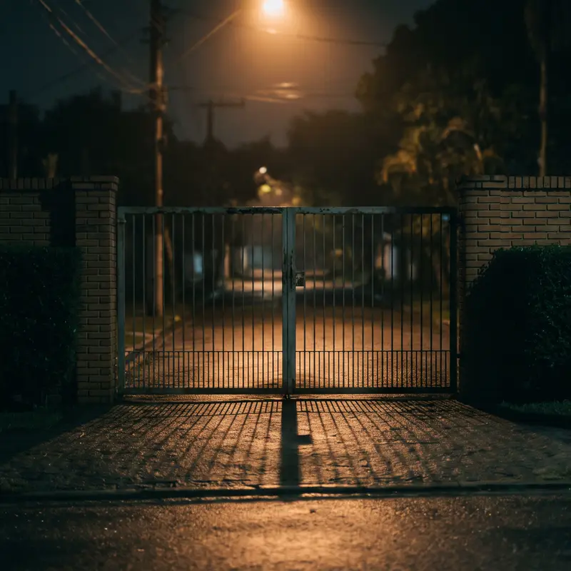 Rua residencial de madrugada com o portão de uma casa iluminado