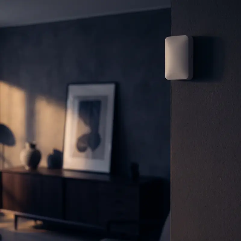 Sensor de alarme sem fio na parede de uma sala